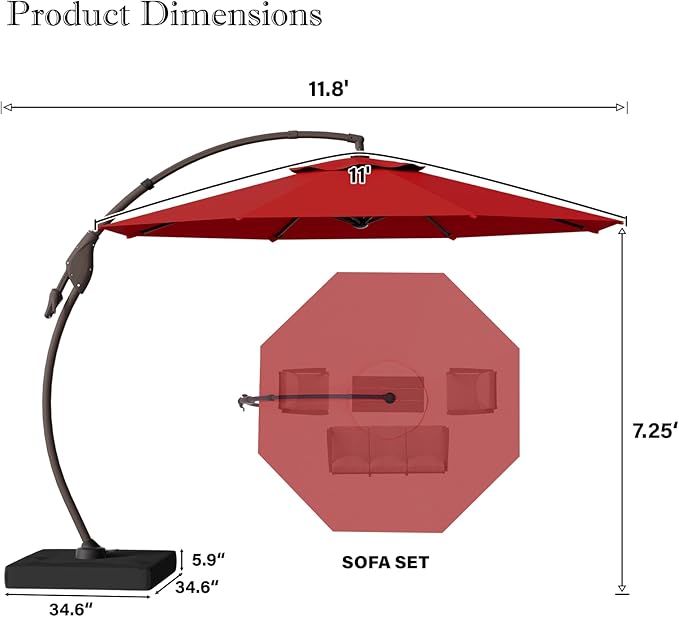 Cantilever Umbrella with Heavy-Duty Base, Outdoor Large Round Aluminum Offset Umbrella for Patio Garden Backyard, UV-Resistant Waterproof Canopy, 360° Rotation & Tilt Adjustment