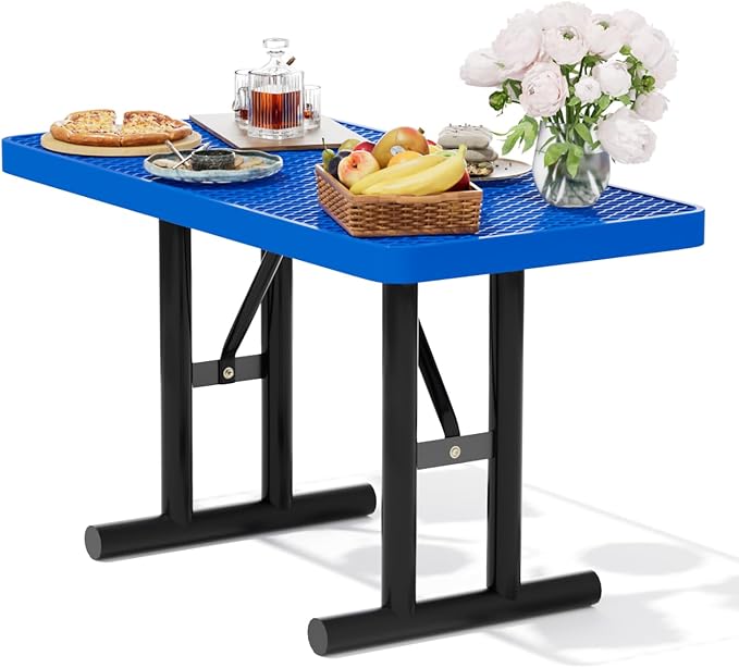 4FT Metal Picnic Tables for Outdoors, Commercial Rectangular Picnic Table for Outside, Park, Campfield, Patio, Garden, Yard, Thermoplastic Coating, Surface Mounted, Blue