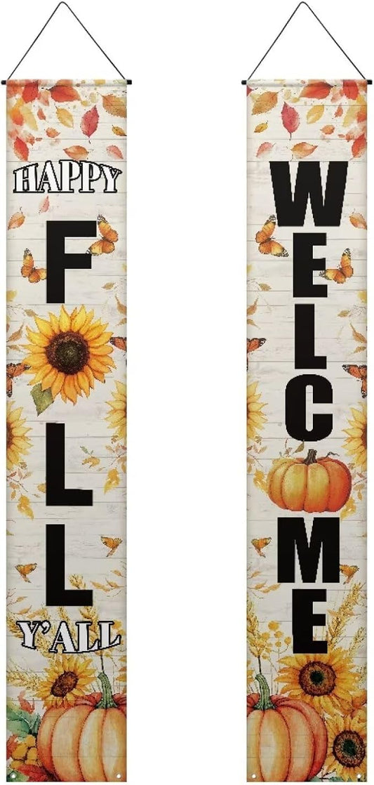 Thanksgiving Give Thanks Porch Banner Sign, Fall Pumpkin Patch Maple Leaves Front Door Decorative Hanging Welcome Banner Flag, Autumn Welcome Farmhouse Decoration Home Outdoor Yard Decor