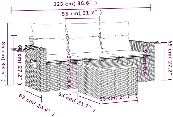 vidaXL Patio Sofa Set with Cushions 4 Piece, Outdoor Conversation Set, Sectional Sofa for Balcony Garden, Patio Furniture, Gray Poly Rattan