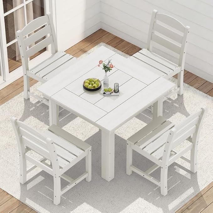 KINGYES 8-Piece HDPE Outdoor Dining Set for 6, Square Patio Table & Armless Chairs with Umbrella Hole, All-Weather Patio Dining Set for Backyard, Garden, Lawn & Poolside, White