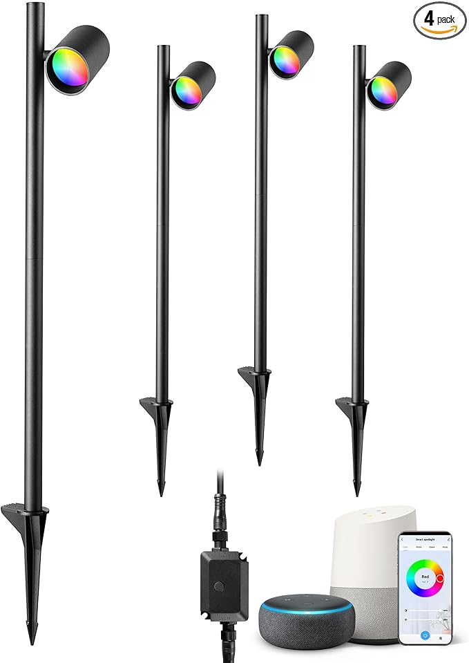 EDISHINE 48Ft Smart LED Landscape Lighting, 300LM Low Voltage Outdoor Spotlgiht, RGBW IP67 Waterproof 12V Landscape Lights, APP Control, Height & 320° Head Adjustable, Compatible with Alexa, 4 Pack