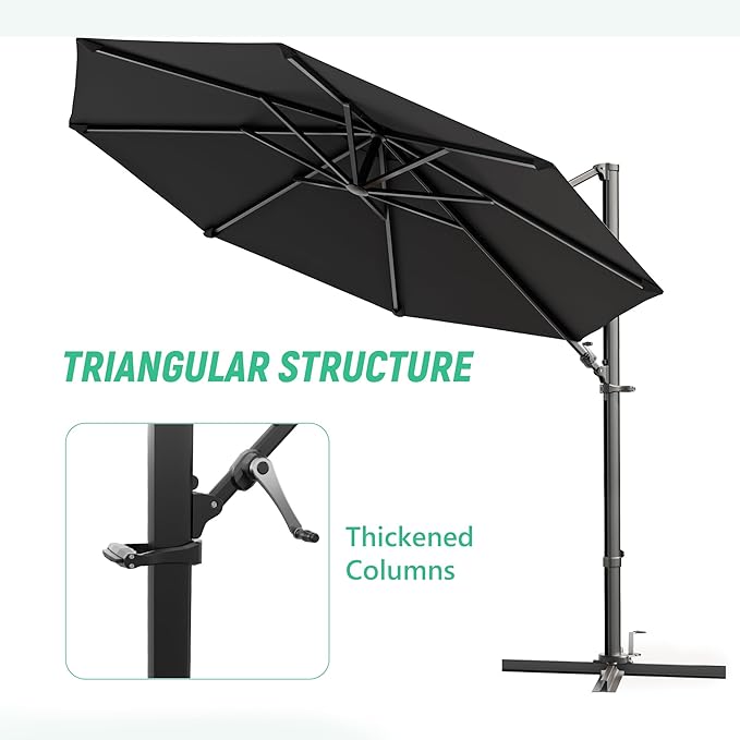 Greesum 10FT Outdoor Patio Umbrella with High Pedel and 4 Gear Heights, Large Offset Market Umbrella with 360-degree Rotation, Without Base, Hanging Outdoor Shade for Garden, Lawn, Pool, Black