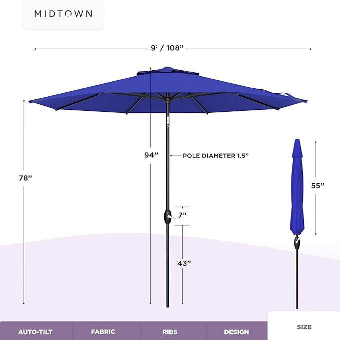 Midtown Umbrellas - 10-Year-No-Fade 9 Ft Patio Umbrella with Terylast Fabric, Auto-Tilt Aluminum Frame and 8 Reinforced Ribs for Deck, Pool, Garden & Beach - Midnight Blue Canopy, Black Pole
