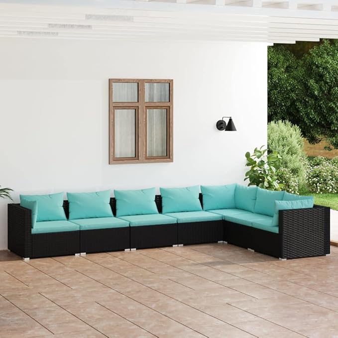 7 Piece Patio Lounge Set with Cushion, Furniture Conversation Sets Patio Lounge Set Piece Patio Set Outdoor Patio Sectional s Poly Rattan Black