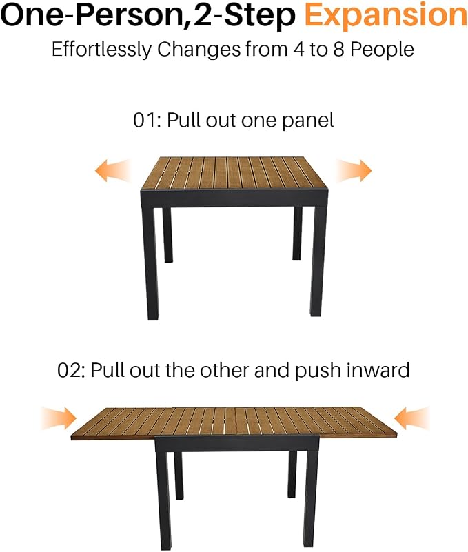 Expandable Patio Dining Table, Never-Rust Aluminum Extendable Outdoor Dining Table for 4-8 Person, 38"-77" Adjustable Indoor Outdoor Expandable Patio Table for Garden, Porch, Deck, Teak