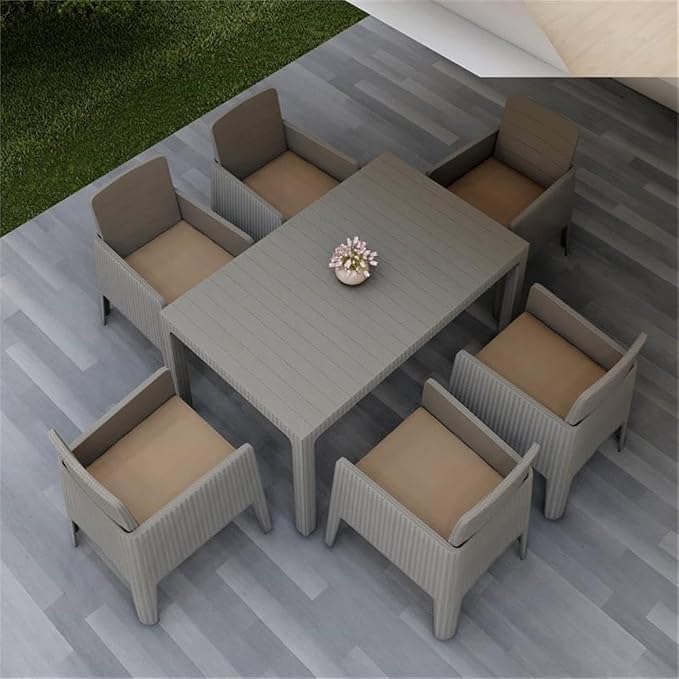 Pemberly Row 7-Piece Patio Dining Set, Gray Faux Rattan and Wood Finish, Durable Plastic, Beige Cushions, Rectangular Table with Umbrella Hole, Foldable and Stackable Armchairs, UV Protected, Outdoor