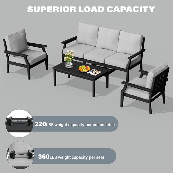 HDPE Patio Conversation Set, 6-Piece All Weather Outdoor Furniture Set with 2 Single Armchairs for Deck, Lawn, with Cushion, Black