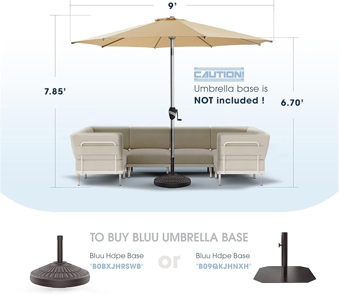 BLUU 9 Ft Patio Umbrella with Solar LED Lights, 5-Year Fade-Resistant Aluminum Outdoor Table Umbrella with Tilt Adjustment and Crank for Pool, Deck, Garden and Lawn, Beige