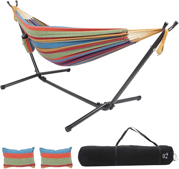 ONCLOUD 550 LB Capacity Double Hammock with Stand – Portable Bag Included (Rainbow Stripe)