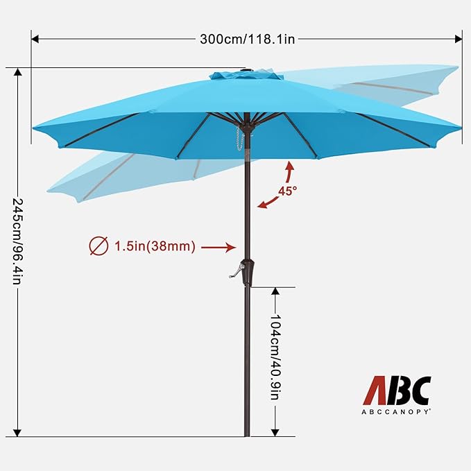 ABCCANOPY 10FT Patio Umbrella, Outdoor Windproof Table Umbrella with Push Button Tilt and Crank for Garden, Lawn, Deck & Backyard (Aquamarine)