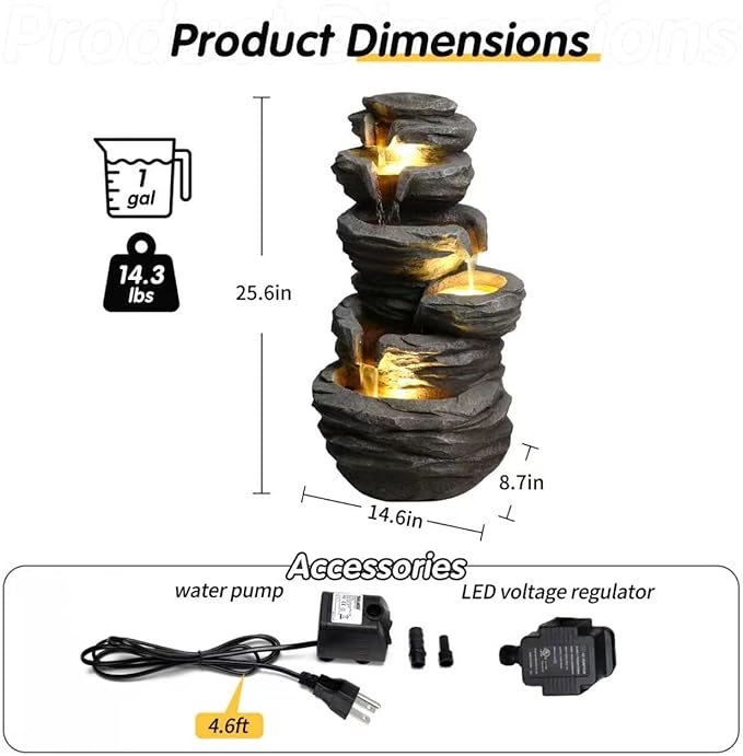 Water Fountain Outdoor 25.6" H Elegant Resin Waterfall Feature for Garden Patio Yard Pond Decor, for Housewarming & Garden Lovers