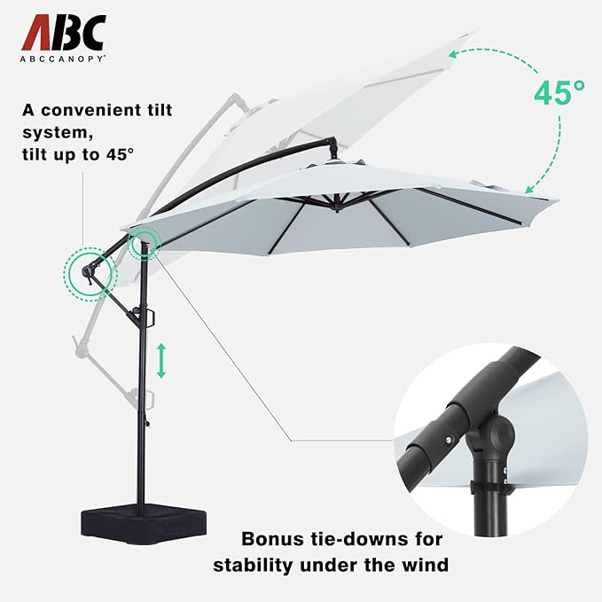ABCCANOPY 10FT Cantilever Patio Umbrella with base included, 360° Rotation Outdoor Offset Umbrella Bonus Fix Frame & Weights Bag (Light Gray)