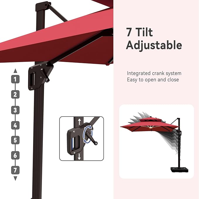 10' X 13' Cantilever Patio Umbrella with Base Included and Led Lights Double Top Rectangular Outdoor Large Offset Umbrellas with 7 Tilts Adjustable 360°Rotation for Deck Pool Garden Backyard, Red