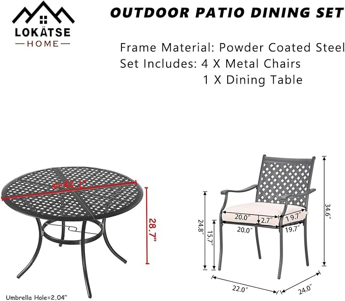 LOKATSE HOME 5 Piece Outdoor Patio Metal Dining Set with 4 Outdoor Iron Arm Dining Chairs with Seat Cushions and 1 Outdoor Dining Table with Umbrella Hole-White
