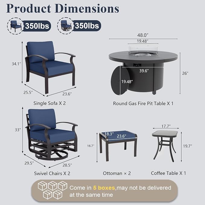 ALAULM Aluminum Patio Furniture Set with Coffee Table Rectangular, 5-seat Outdoor Sectional Furniture w/2 Swivel Chairs, Patio Conversation Set for Porch, Backyard, Poolside-Grey