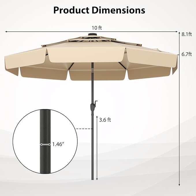Tangkula 10 FT Solar LED Patio Umbrella, 3-Tiers Scalloped Outdoor Table Market Umbrella with 32 LED Lights, Tilt Adjustment, Crank, 8 Sturdy Ribs for Pool, Deck, Backyard (Beige)