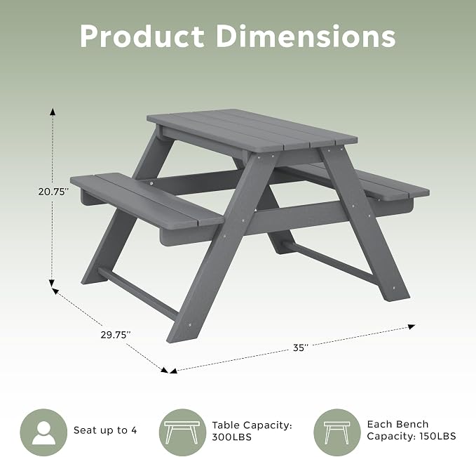 WestinTrends Malibu Outdoor Patio and Indoor Kids HDPE Plastic Picnic Bench Table, Gray