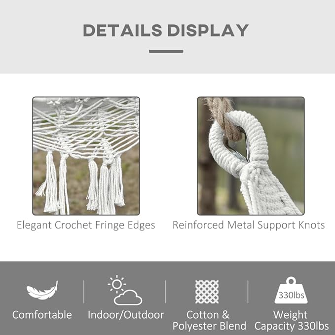 Large Boho Rope Hammock with Carrying Case, Macrame Pattern Bed for Patio Camping Garden Beach, Includes Tassel Fringe, White Outdoor Hanging Chair