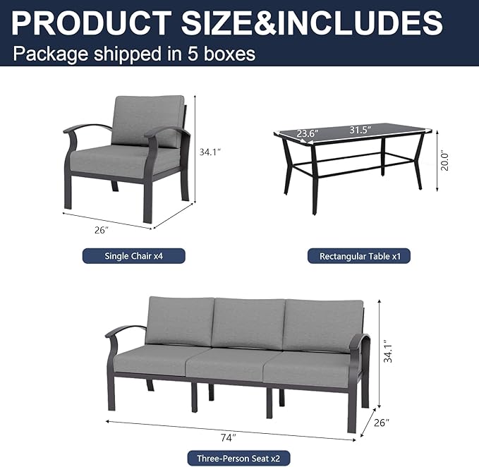 Kurapika Aluminum Patio Furniture Set 10-Seat Modern Metal Outdoor Conversation Sets w/5.1 Inch Cushion Patio Sectional Sofa with Rectangular Coffee Table, Grey