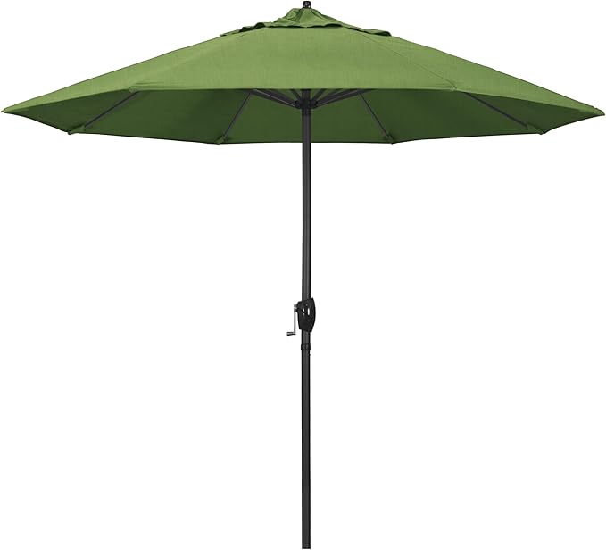 California Umbrella 12-Year Protection 9' Rd Aluminum Patio Umbrella, Crank Lift, Auto Tilt, Black Finish, Sunbrella Cilantro