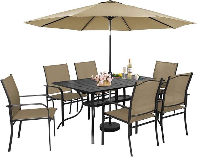 Incbruce 8 Pieces Patio Dining Set with Brown Umbrella, Outdoor Dining Set of 6 Textilene Chairs and Rectangle Table with Umbrella Hole for Backyard, Garden, and Poolside (Brown)