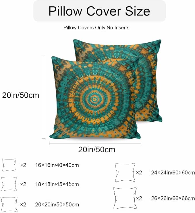 Vandarllin Outdoor Throw Pillows Covers 18x18 inch Set of 2 Waterproof Turquoise Yellow Tie-Dye Art Decorative Zippered Cushion Covers for Patio Furniture, Abstract Boho Tribe Lumbar Pillowcases