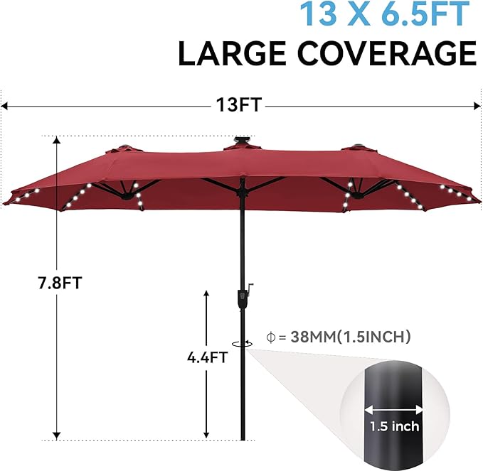 GREEN PARTY 13ft Outdoor Patio Umbrella with Solar Lights, 120 LED 12-Mode Large Double Sided Rectangular Table Umbrella, Heavy Duty Triple-Head Shade for Backyard Deck & Poolside, Burgundy(No Base)