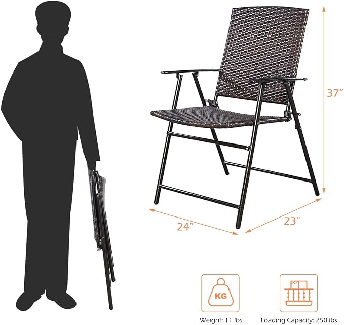 S AFSTAR 5 Pieces Patio Dining Set, 4 Folding Chairs with Table, Portable Wicker Chairs Furniture Set for Outdoor Garden Backyard (4 Chairs w/ 28''H Modern Round Table)