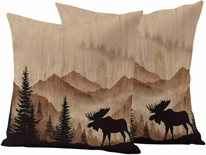 Moose Silhouette Outdoor Pillow Covers 18"x18" Set of 2, Nature Mountain Landscape Waterproof Throw Pillow Covers for Patio Furniture, Decorative Cushion Covers for Porch