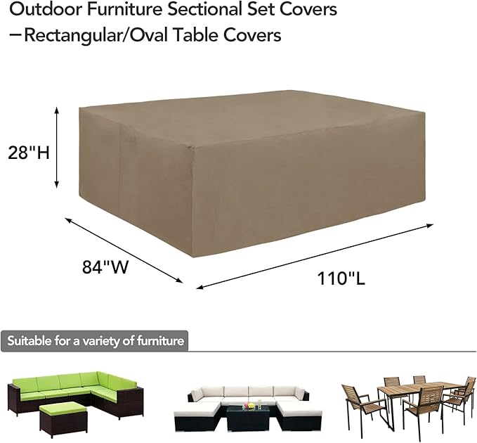 Easy-Going Heavy Duty Patio Furniture Cover for Outdoor Rectangular Table and Chair Set, Waterproof Sectional Set Cover (110" L x 84" W x 28" H, Camel)