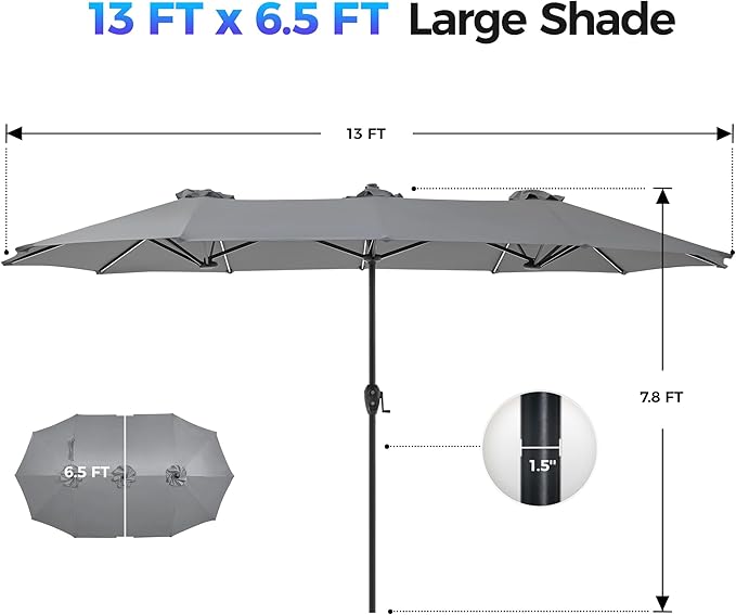 SUPERJARE 13ft Outdoor Patio Umbrella with Solar Lights, Double-sided Deck Pool Umbrella with 1.5 Inch Pole, Fade Resistant Canopy, 12 Sturdy Ribs, for Porch, Market, Backyard, Grey (No Base)