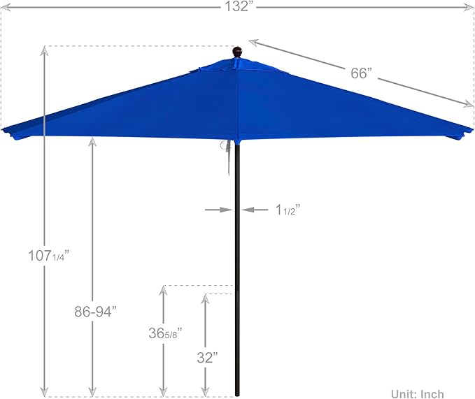 California Umbrella 11Ft Commercial Grade Sunbrella Fabric Market Umbrella, Pulley Lift, Aluminum/Fiberglass, 2mm pole wall, Bronze Frame, Pacific Blue Fabric