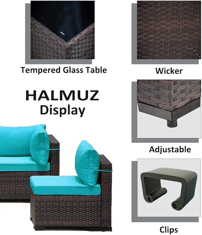 9 Pieces Outdoor Patio Furniture Sets,Wicker Conversation Set Sectional Sofa,Includes 8 All-Weather High Back PE Rattan Seating Components w/Thickened Cushions&Coffee Table,Green Blue