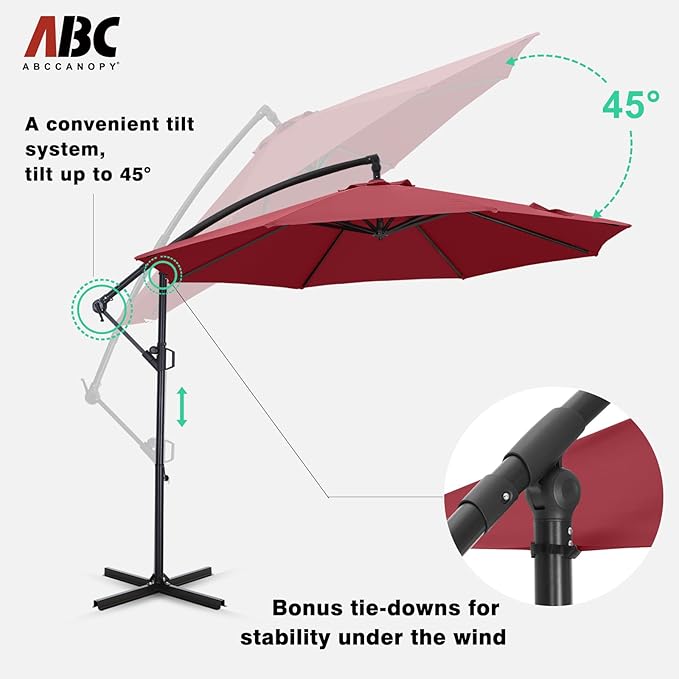 ABCCANOPY 10FT Cantilever Patio Umbrella with base included, 360° Rotation Outdoor Offset Umbrella for Backyard, Deck, Poolside (Dark Red)
