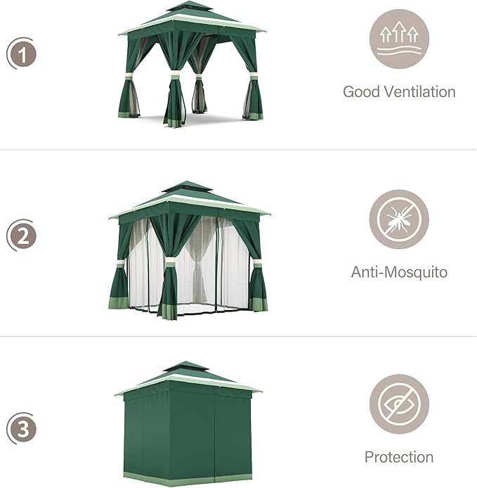 LAUSAINT HOME Patio Gazebo 8'x8', Outdoor Heavy Duty Party Tent Shelter with Double Roofs, Mosquito Nettings and Privacy Screens for Backyard, Garden, Lawn, Forest Green
