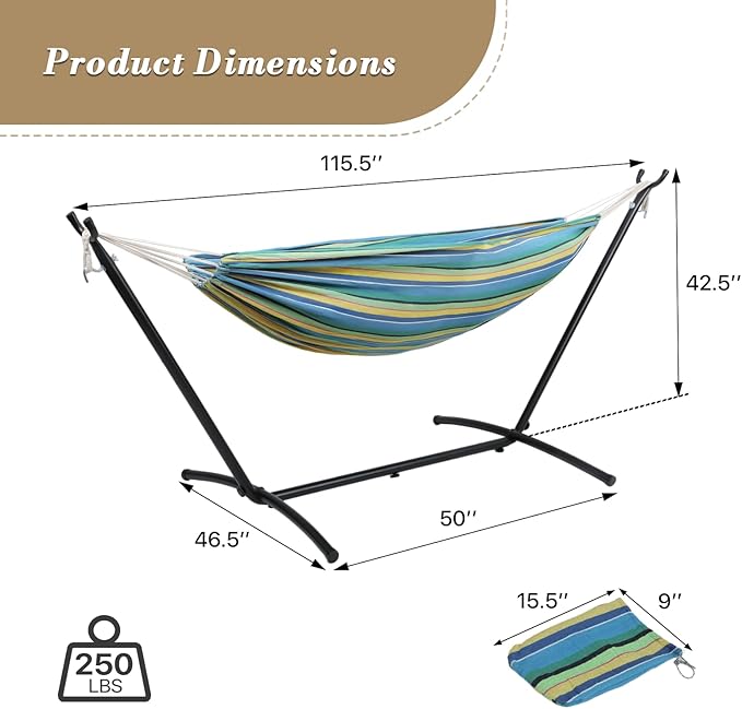 Athena Collection Double Hammock with Stand for Outside, Heavy-Duty Steel Stand 250 Lbs Weight Capacity, Portable Outdoor Hammock Swing with Carry Bag for Indoor, Outdoor, Backyard, Blue Yellow