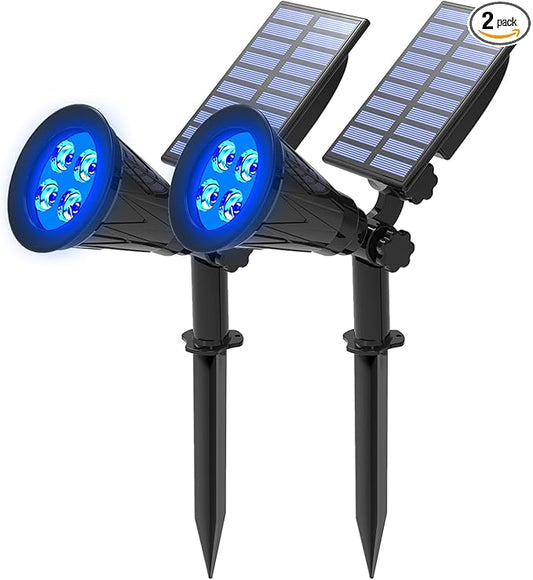 T-SUNUS Blue Solar Spotlights Outdoor 2 Pack, 200LM Landscape Lighting Waterproof IP65, Adjustable Spot Lights Auto On/Off 2 Modes for Yard Garden Tree Halloween Christmas Decoration Pond Flag Pool