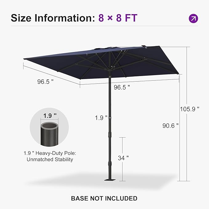 PURPLE LEAF 8' x 8' Square Semi-Auto Outdoor Patio Umbrella Aluminium Market Umbrella Table Sun Umbrella with 1.89" Rod and 8 Sturdy Ribs for Deck Lawn Pool Garden, Navy Blue