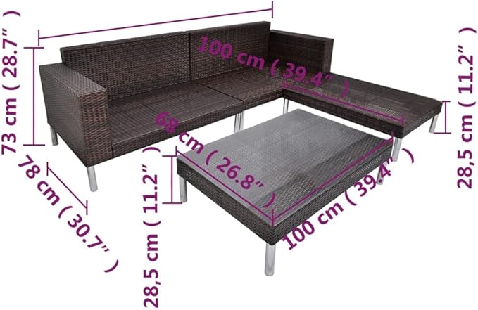 vidaXL Patio Furniture Set 4 Piece, Patio Conversation Set with Cushions, Sectional Sofa with Coffee Table, Wicker Furniture for Garden, Poly Rattan Brown