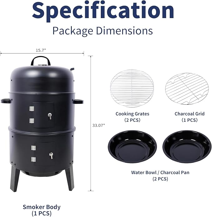 16 inch Vertical Charcoal Smoker, BBQ Grill, Fire Pit, 3-in-1 with Built-in Thermometer, Adjustable Air Vent, Idea for Parties, Backyard, Patio, Camping