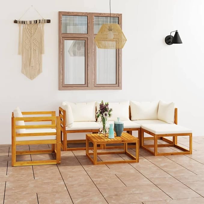 Patio Lounge Set with Cushion,Outdoor Patio Furniture,Outdoor Chat Conversation Set,Garden Furniture Sets,for Patio,Backyard,Garden,Outdoor,6 Piece Cream Solid Acacia Wood