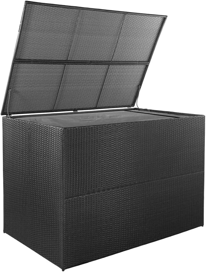 Patio Storage Box Deck Storage Box Outdoor Storage Box Indoor Wicker Storage Bin for Patio Furniture Cushions, Pillows, Garden Tools, Poly Rattan Black, 59"x39.4"x39.4" -AA
