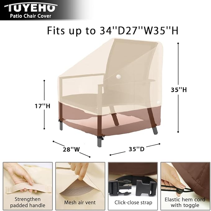 Tuyeho Patio Chair Cover 35 x 28 x 35 inch, 900D Heavy Duty Outdoor High Back Chair Cover, Waterproof & Weather Resistant for Your Lounge Deep Seat High-Back Chair (Beige & Brown)