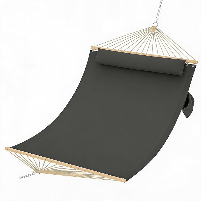 Double Quilted Hammock with Wooden Spreader Bar, 2 Person for Outdoor Without Stand, Patio Backyard Poolside, Dark Gray
