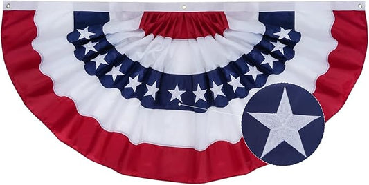 SYII Bunting Flag 5x10 Feet Outdoor, Embroidery Stars American US Bunting Flags with 5 Brass Grommets, Patriotic Half Fan Banner for Fourth of July Decor, 4th of july Decorations Outdoor