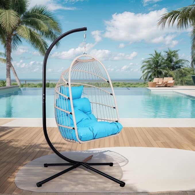 Outdoor Egg Hanging Chair with Stand, Patio Wicker Swing Egg Chair Indoor Swinging Chair Outdoor Hammock Egg Chair Blue