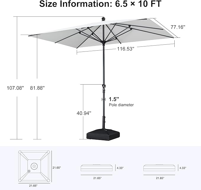 PURPLE LEAF 10' x 6.5' Rectangle Patio Market Umbrella with Base Outdoor Table Umbrellas Aluminum Frame Sun Shade with 8 Sturdy Ribs Tilt for Garden Deck Lawn Pool White