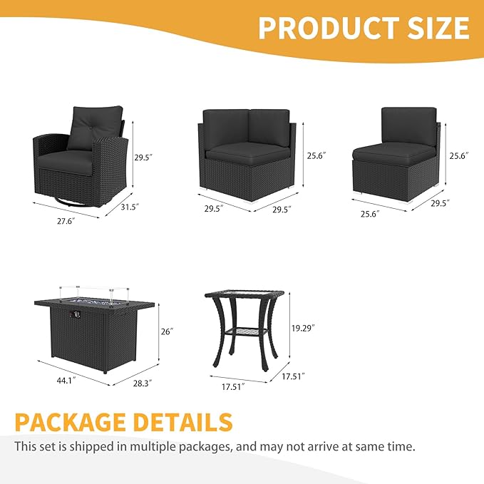 LayinSun 13 Pieces Patio Furniture Set with Fire Pit Table, Black Rattan Modular Sectional Outdoor Conversation Sofa Set, Swivel Rocking Chairs Set