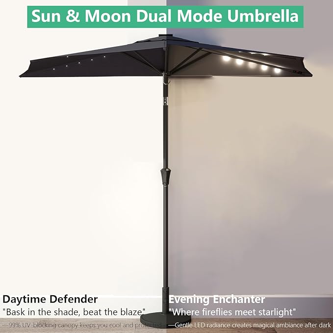 Helios&Hestia 9 ft Small Half Round Solar Powered Wall Outdoor Market Patio Umbrella with LED Lights and Tilt for Garden, Deck, Balcony